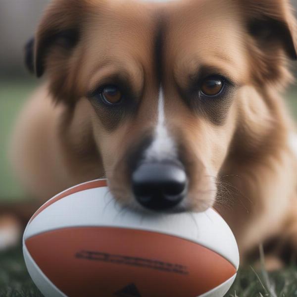 Dog Chewing on a Rugby Ball