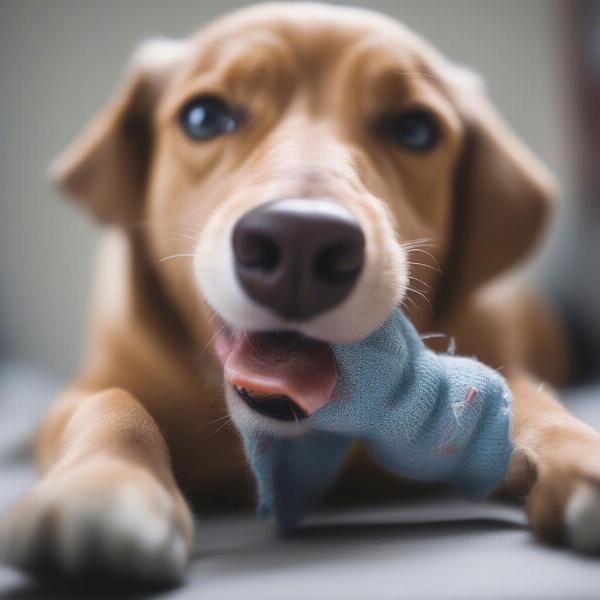 Dog chewing on a sock, potential choking hazard