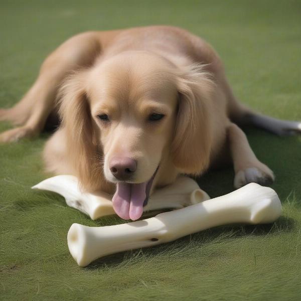 A dog happily chewing an ostrich bone