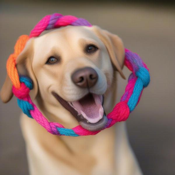 Dog chewing on a toy