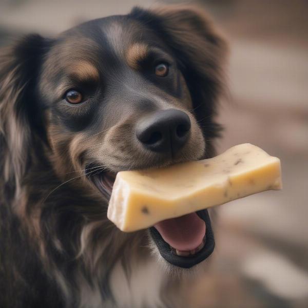 Dog happily chewing a yak chew