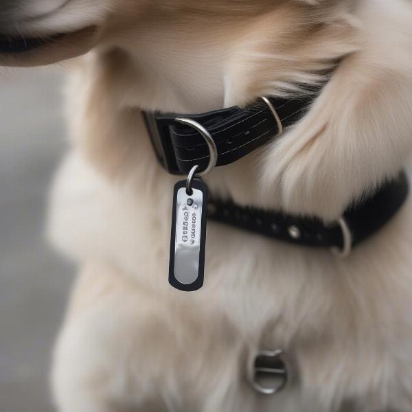 Close-up of a dog collar with an ID tag