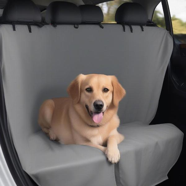 A dog relaxing comfortably in a car seat cover with a hard bottom.