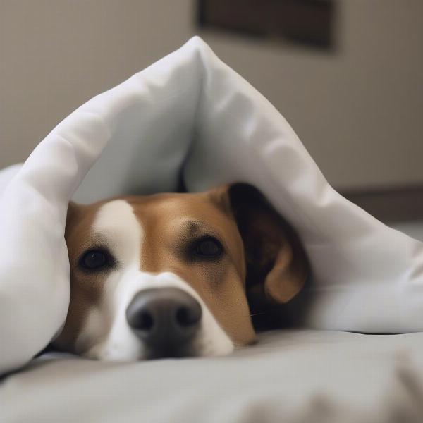 A dog resting comfortably while wearing a surgical recovery suit