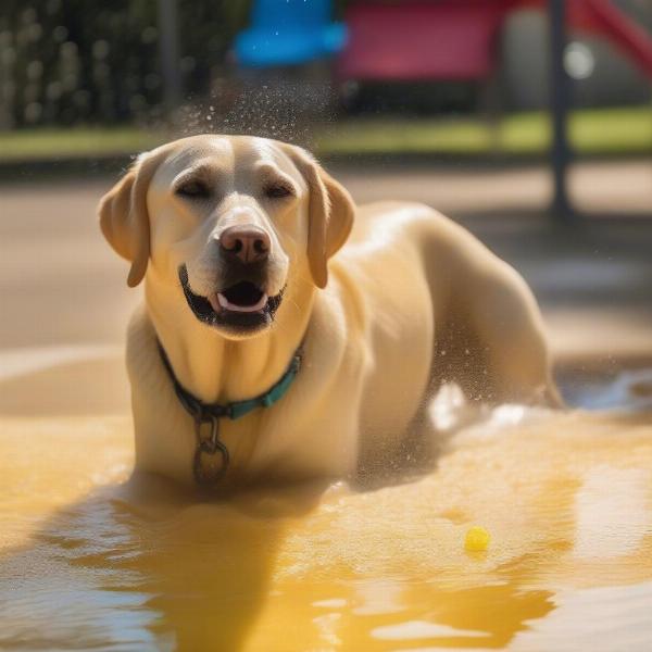 A dog cooling down in a water sprinkler on a hot day.