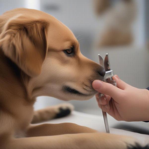 Dog getting a nail trim with cooperative care