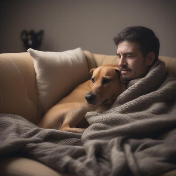 Dog Cuddling with Owner on a Cold Night