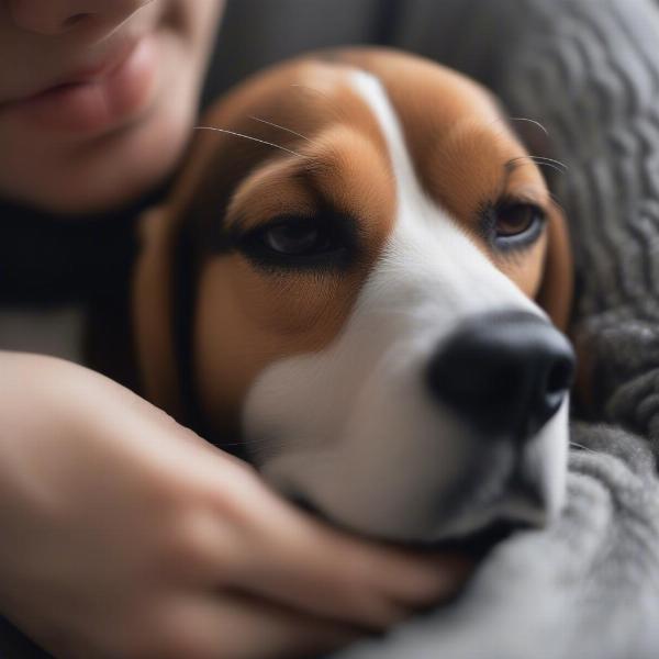 Dog cuddling with owner