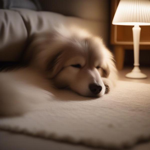 Dog curled up next to a lamp, a cozy scene