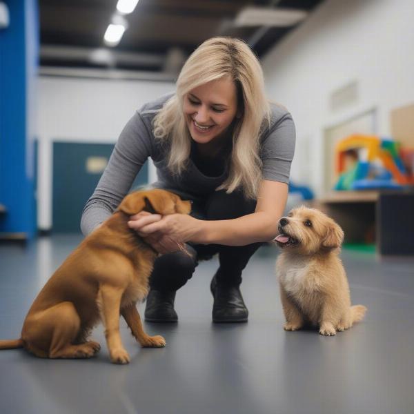 Dog Daycare Staff Interacting with Dogs