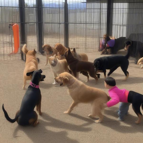 Dogs playing together at a daycare in Estes Park