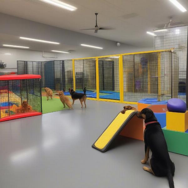 Dogs playing in a spacious and stimulating dog daycare play area in Reston