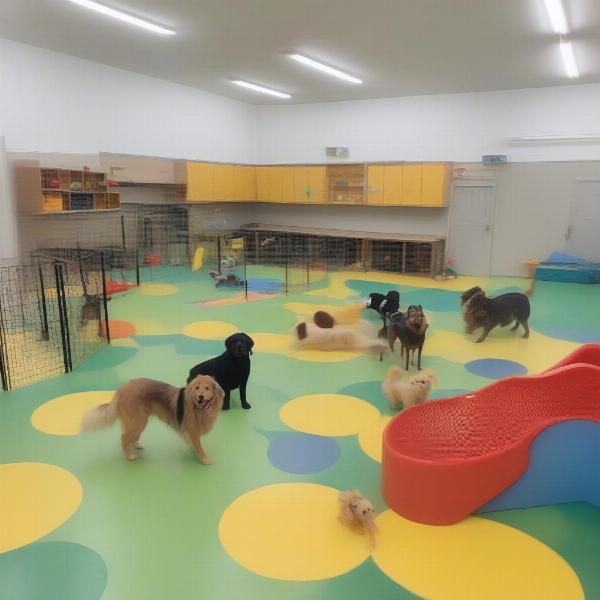 Dogs playing in a spacious, well-maintained daycare play area in Richardson, TX