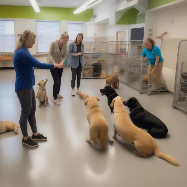 Dog Daycare Staff Interacting with Dogs