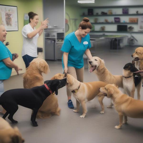 Dog Daycare Staff Interacting with Dogs