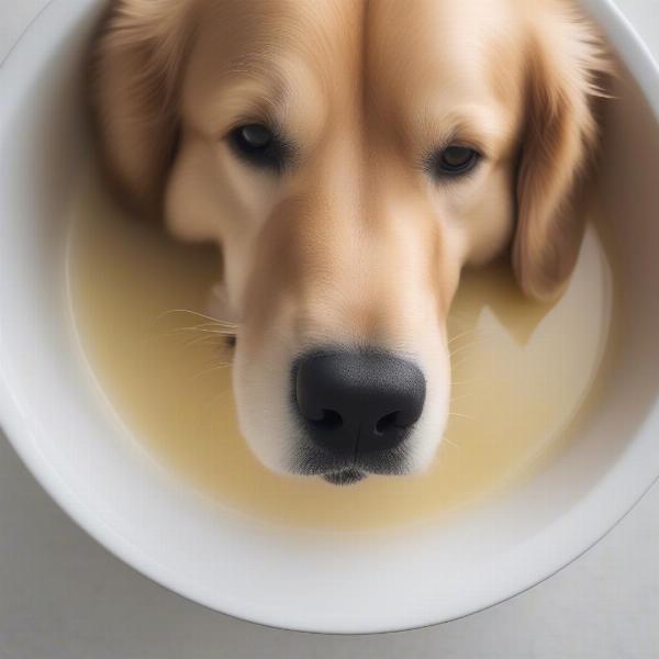 A dog happily drinking chicken broth from a bowl.