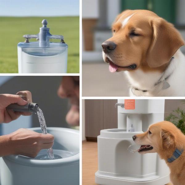 Dog drinking from a water fountain and a veterinarian examining a dog