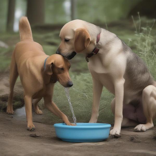 Dog drinking water after encountering a toad