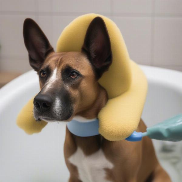 Dog ear covers being used during bath time