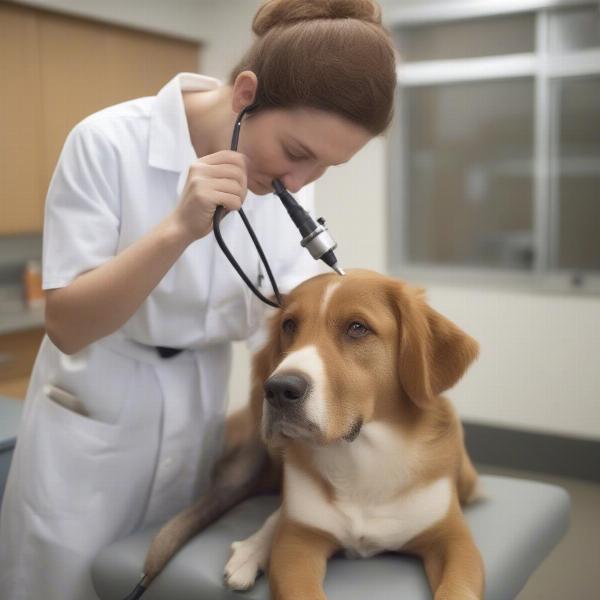 A veterinarian examining a dog's ear.