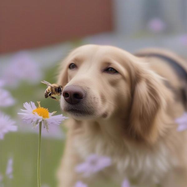 Dog eating a bee in a garden