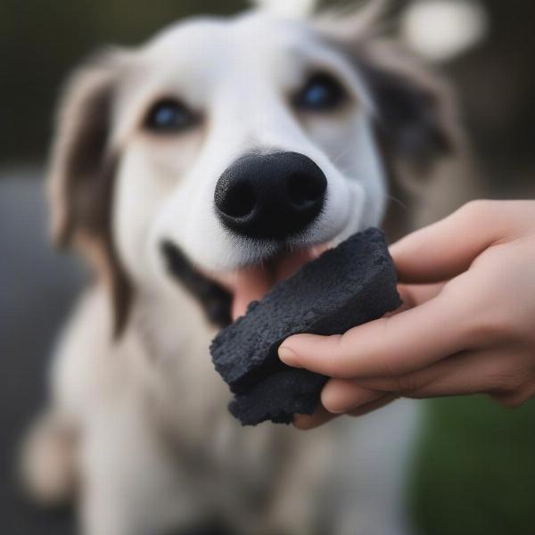 Dog eating a charcoal treat