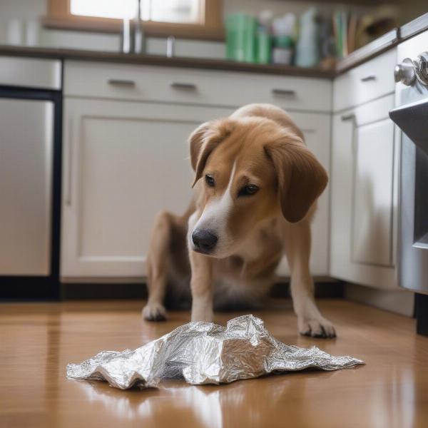 Dog eating foil in the kitchen