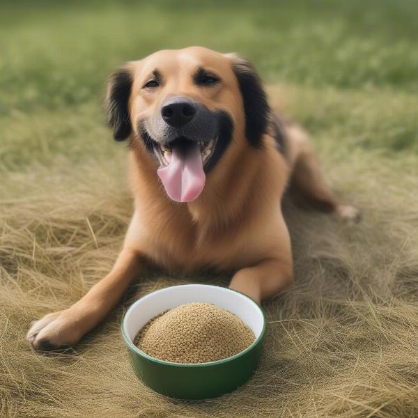 A dog eating food containing miscanthus grass