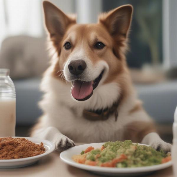 A dog happily eating from its food bowl