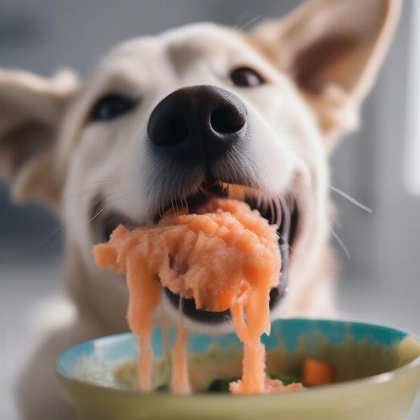 Dog Enjoying a Meal of Frozen Raw Food