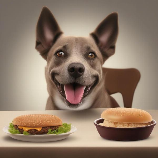 A happy dog eating hamburger and rice.