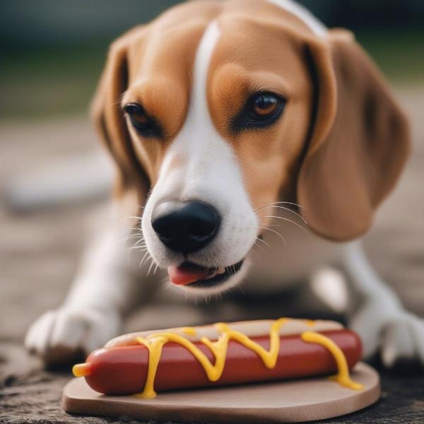 Dog eating a hot dog