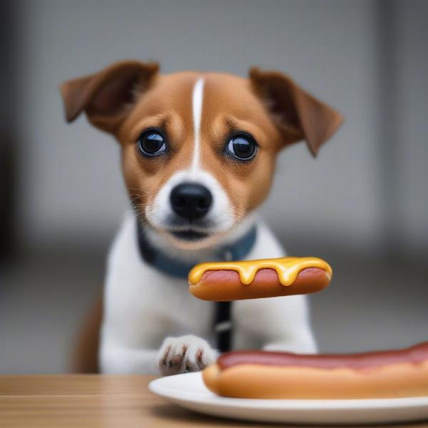 Dog Eating Hot Dog and Biscuit