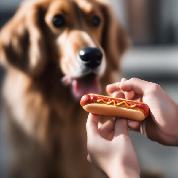 Dog Eating a Small Piece of Hot Dog