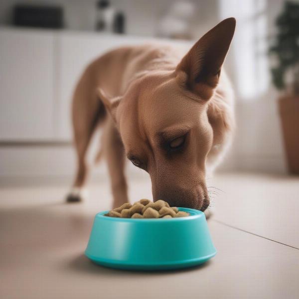 Dog eating kibble with a chew toy nearby