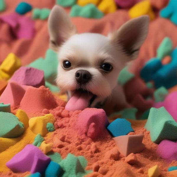 Dog eating kinetic sand