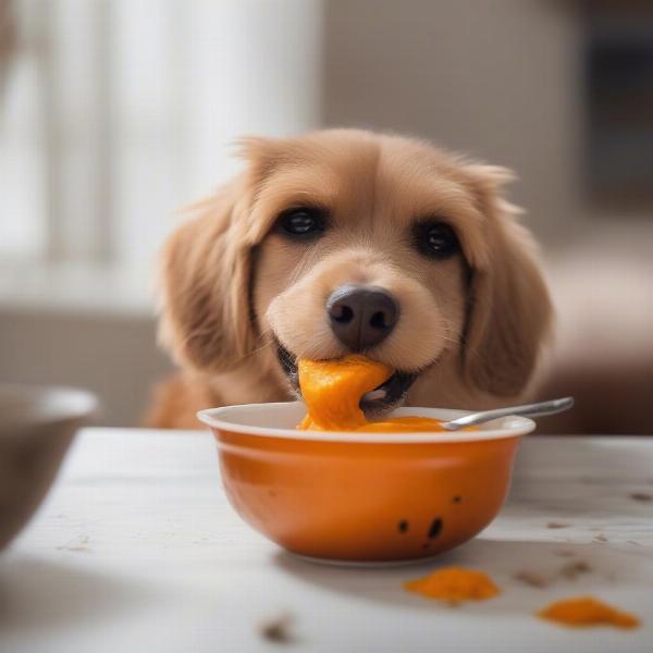 Dog Eating Pumpkin Puree