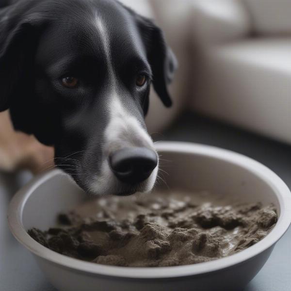 A dog eating raw food from a bowl