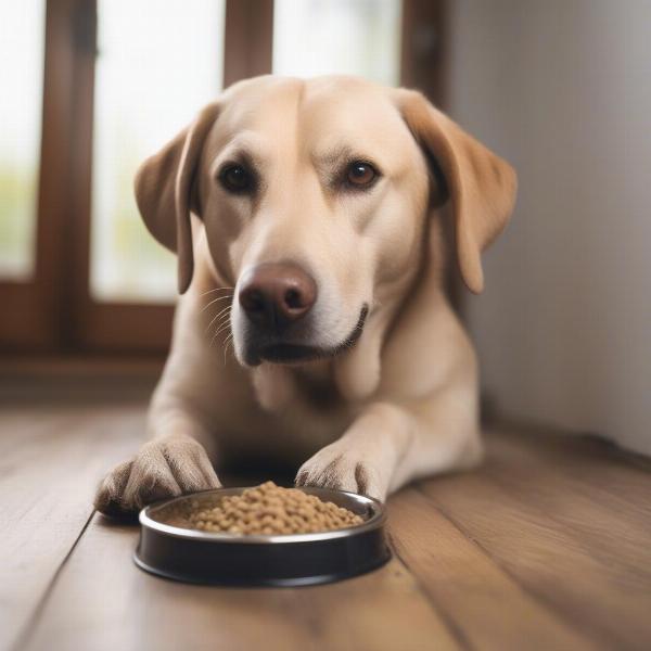 A senior dog eating senior dog food