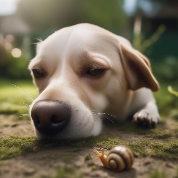 Dog Eating Snail in Garden