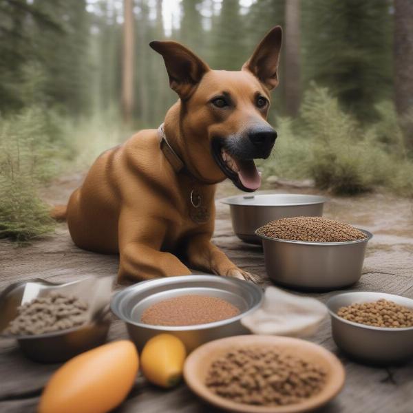 A dog happily eating wilderness dog food from a bowl.