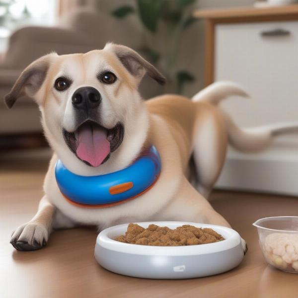 Dog eating with an e-collar