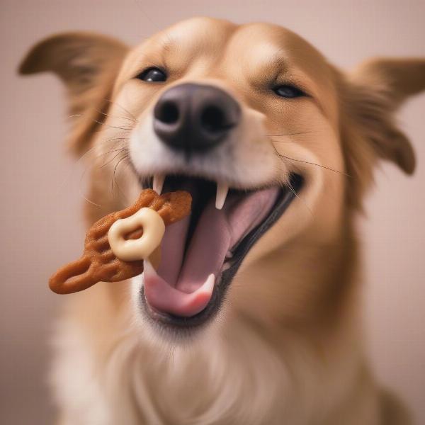 A dog enjoying a themed snack