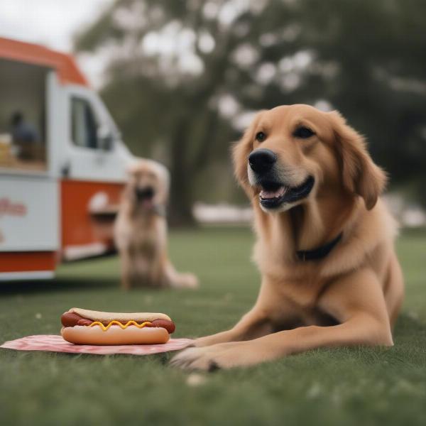 A dog enjoying a treat in the park near a hot dog truck