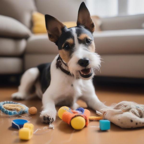 A dog enjoying his birthday box toys.