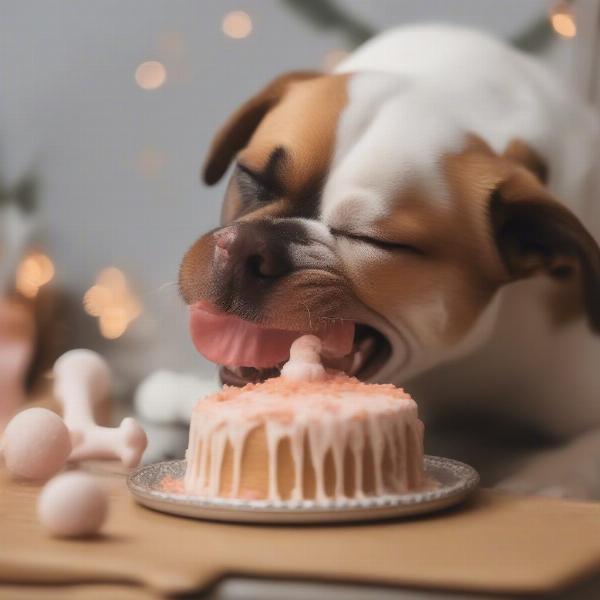 A happy dog enjoying a dog-friendly birthday cake.