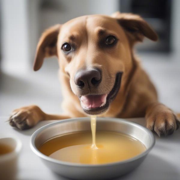 Dog enjoying a bowl of broth