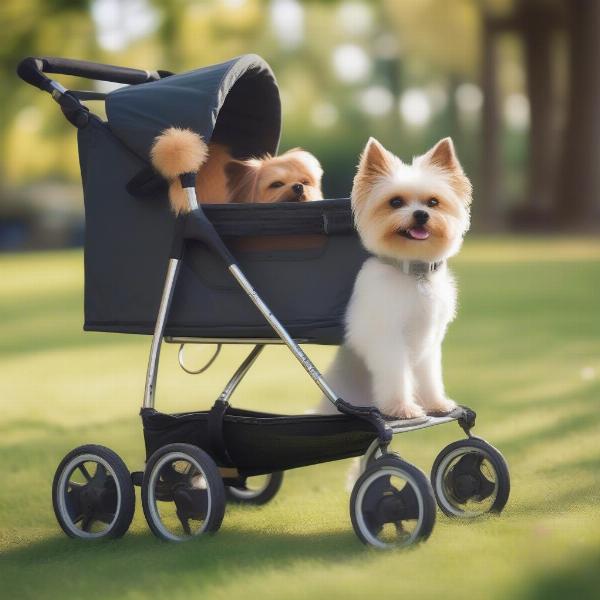 Dog happily riding in a buggy at the park