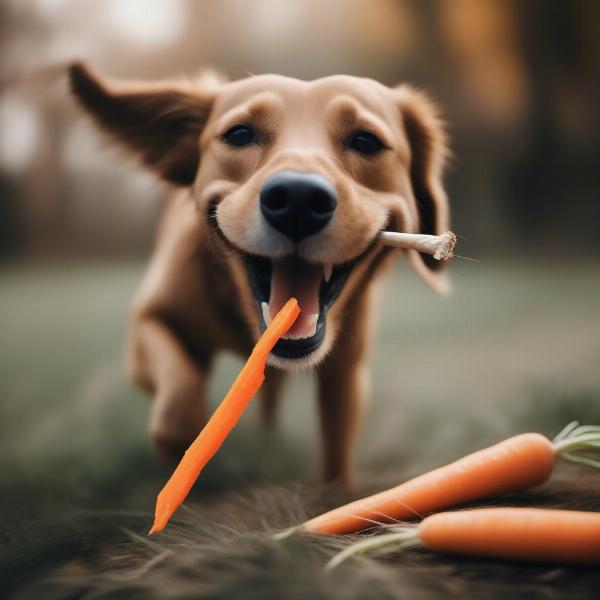 Dog enjoying a carrot stick