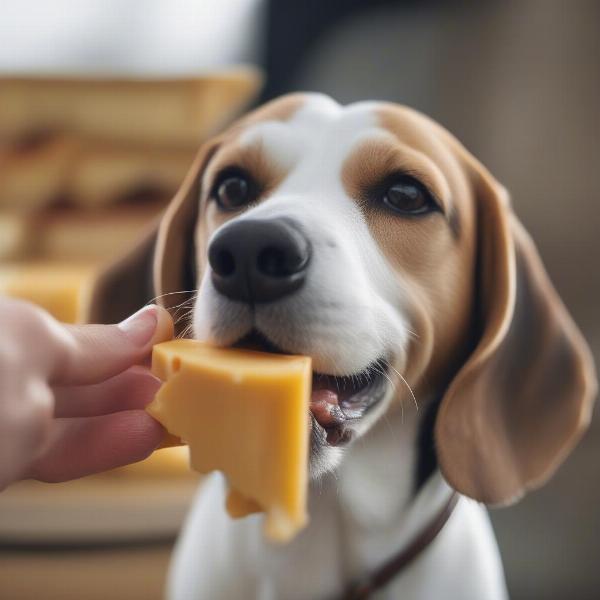 Happy dog eating a cheese treat